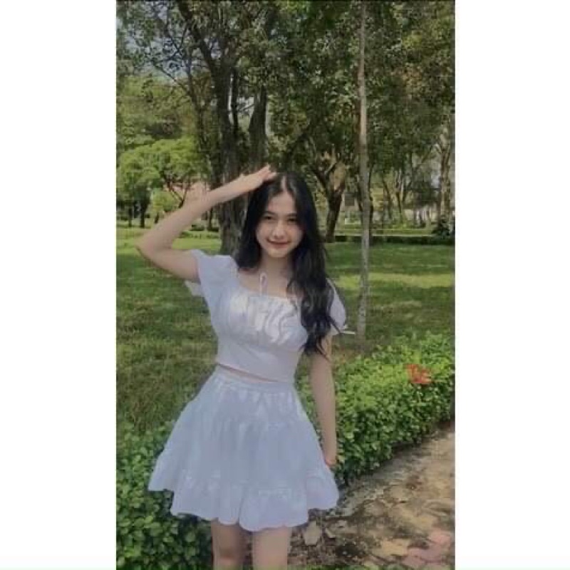 Sét váy croptop trễ vai nơ tay cổ TC12
