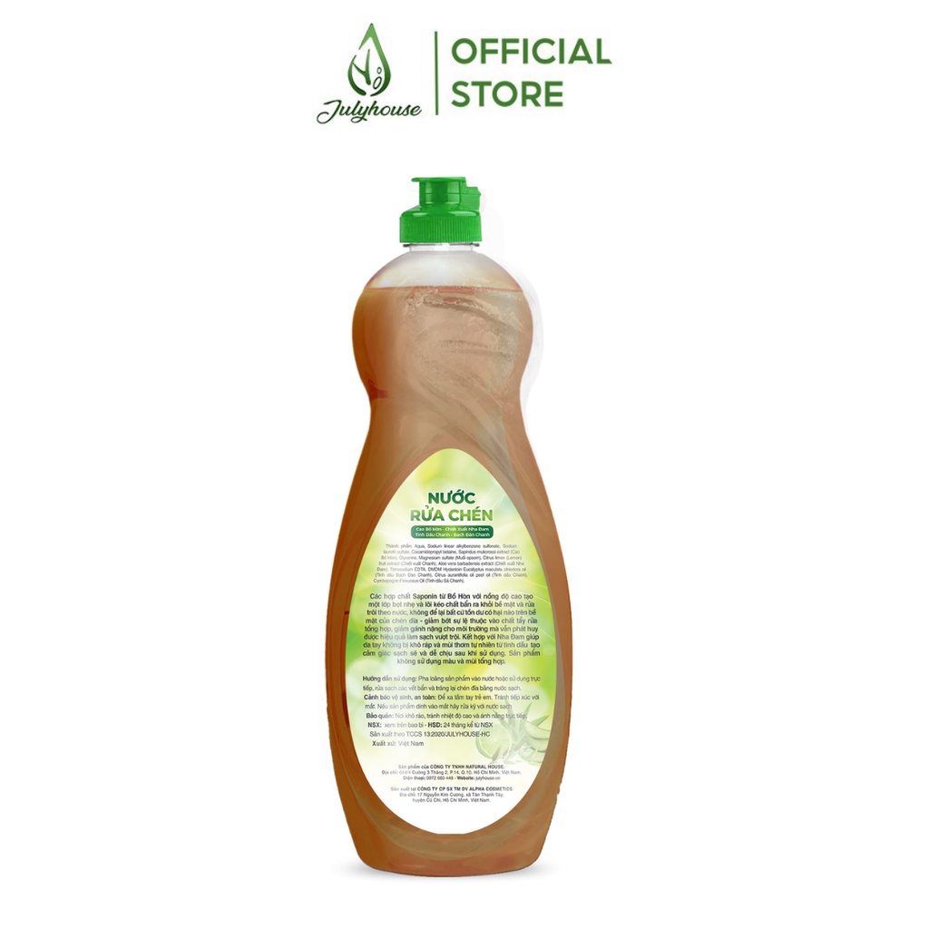 Nước rửa chén Bồ Hòn - Nha Đam bảo vệ và dưỡng da tay 800ml JULYHOUSE