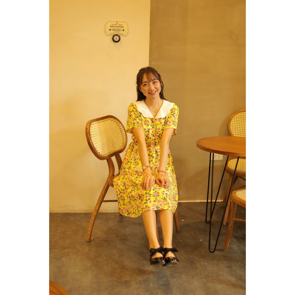 Váy hoa vàng cổ bè siêu đẹp