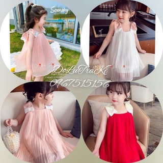 Váy nơ vai dập ly xinh xắn tiểu thư bé gái