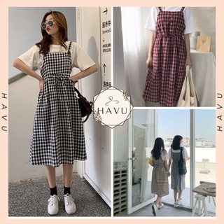 Set váy yếm kẻ caro kèm áo phông nữ - Bộ đầm 2 dây dáng suông kẻ caro kèm áo cộc tay bánh bèo, nữ tính