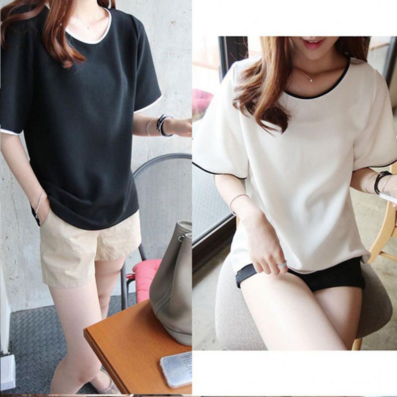 Áo thun tay ngắn cổ chữ O màu trơn thanh lịch cho nữ