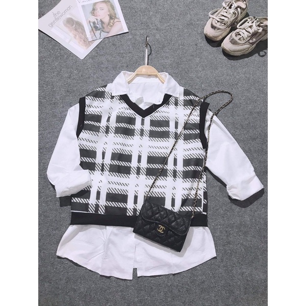 Sét áo gile kẻ + sơ mi tay lỡ TC6