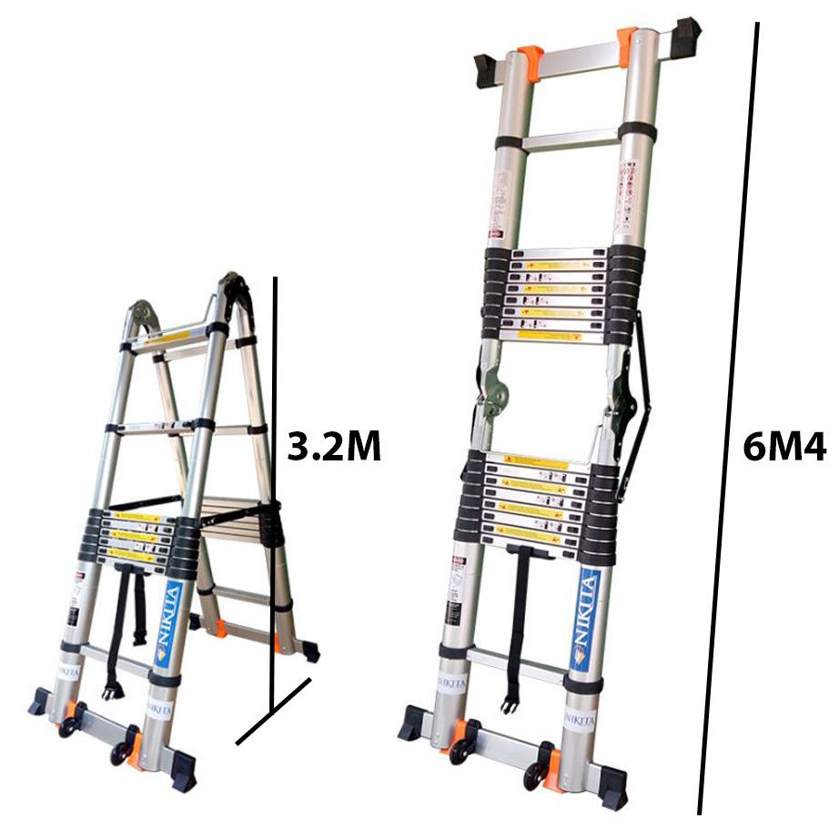 Thang nhôm rút đôi chữ A, Có bánh xe đẩy AID64 - Bảo hành chính hãng 24T