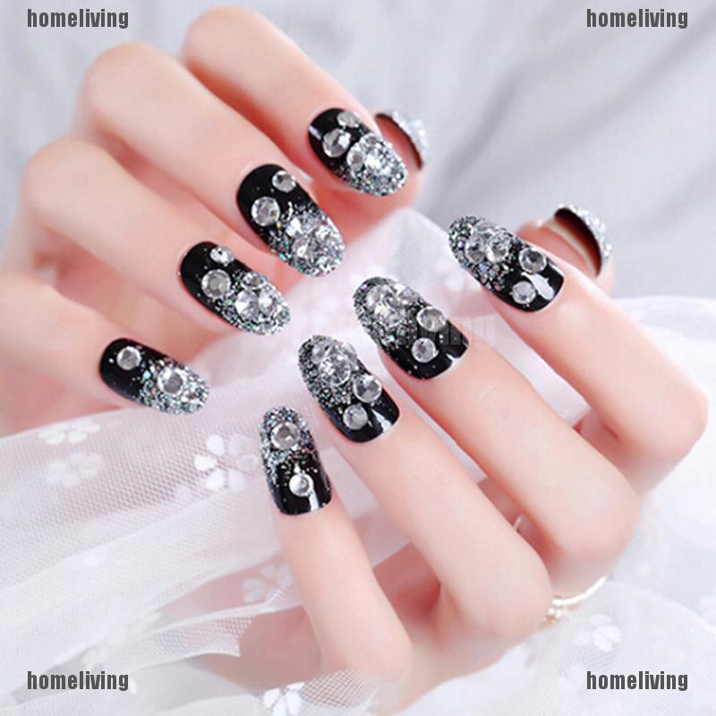 Set 24 Móng Tay Giả Đính Đá Đen 3D