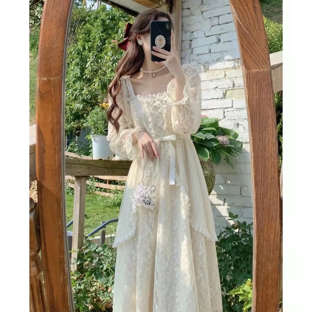 Đầm midi Dài Tay Cổ Vuông Phối Ren Thanh Lịch Cho Nữ