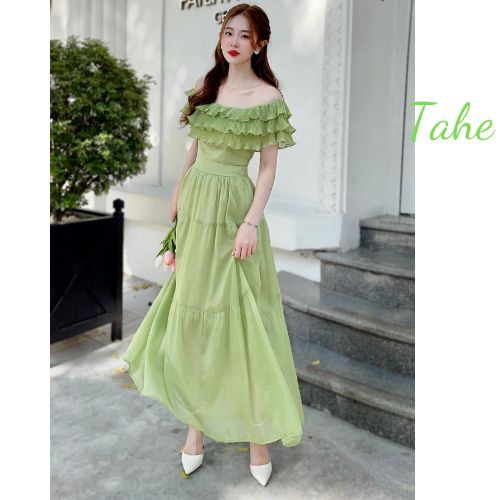 Đầm maxi trễ vai màu xanh bơ đi biển đi du lịch cực xinh hàng thiết kế cao cấp Tahe V114