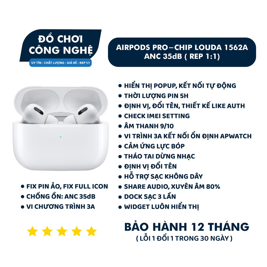 Tai Nghe Bluetooth Airpods Pro Chip Louda 1562A Chống Ồn ANC 35db - Xuyên Âm - Cảm Biến Lực - Full Option