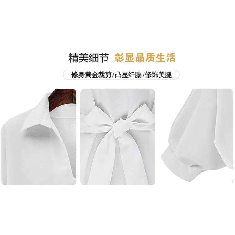 Váy áo sơ mi cổ chữ V from rộng, dây cột eo trẻ trung, năng động