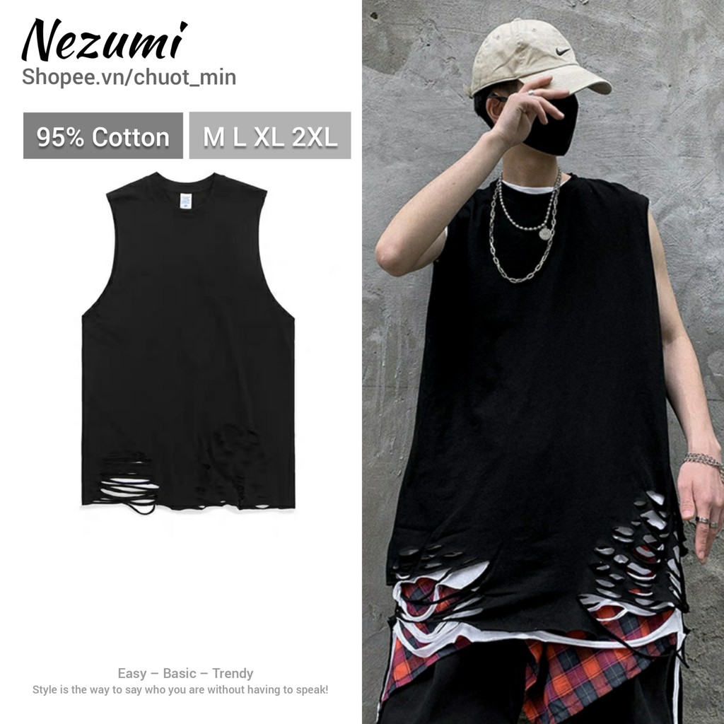 (Sẵn đen, trắng) Áo tank top unisex nam nữ rách gấu tạo layer