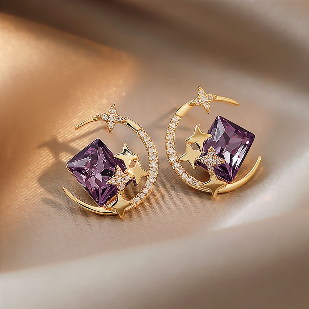 Khuyên Tai Hình Mặt Trăng Ngôi Sao Đính Đá Zircon Tinh Tế Phong Cách Hàn Quốc