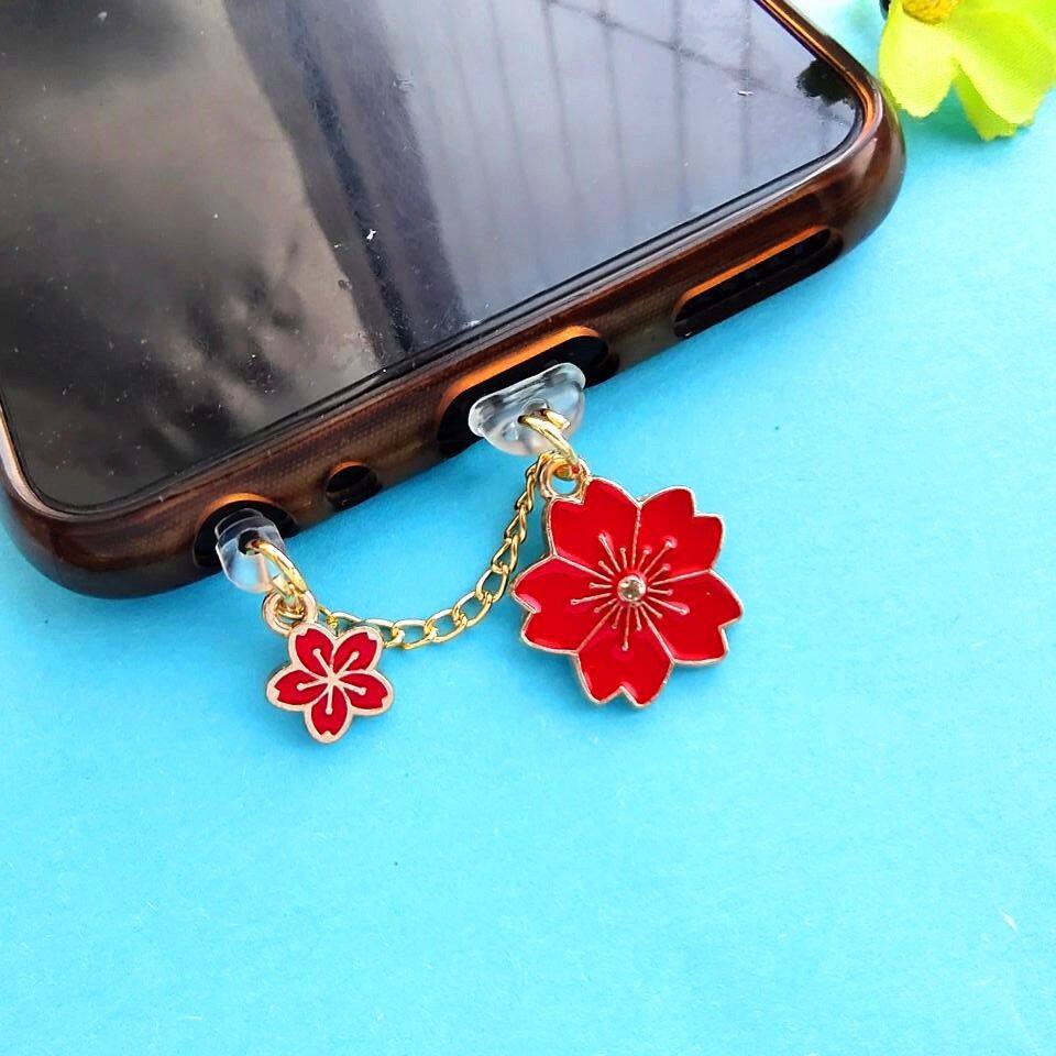 Dây Trang Trí Gắn Lỗ Cắm Sạc Điện Thoại Lỗ Cắm Chống Bụi Hình Hoa Anh Đào Màu Trắng Đen Dành Cho Nam Và Nữ