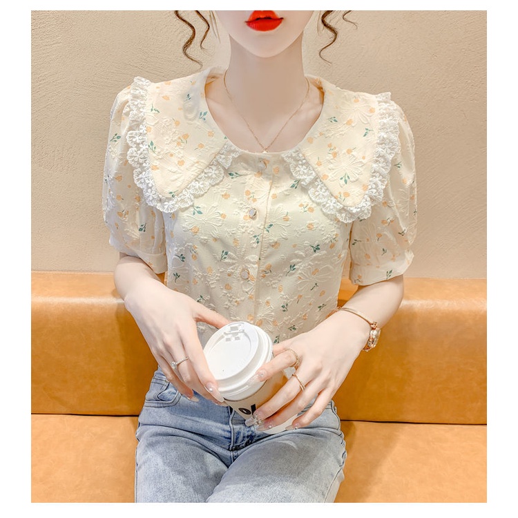 Áo Sơ Mi Tay Ngắn Phồng Cổ Búp Bê In Họa Tiết Hoa Phong Cách Pháp Thời Trang Dành Cho Nữ