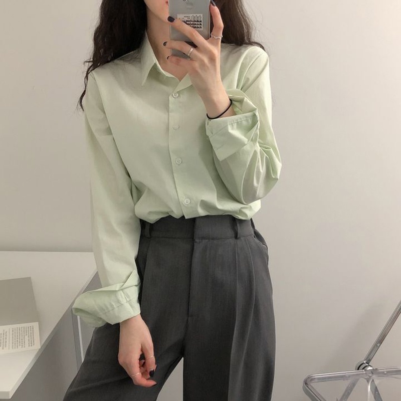 Áo sơ mi polo IELGY tay dài màu trơn phong cách Hàn Quốc thời trang cho nữ