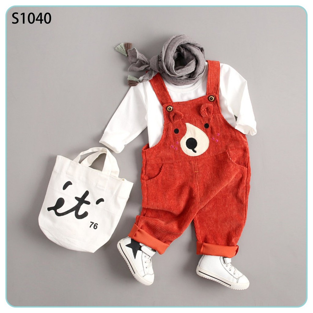 Set áo thun quần yếm dài mặt gấu màu cam gạch cháy cho bé từ 10 tháng 9 ký 1 tuổi 2 3 tuổi