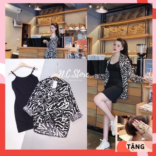 Set váy 2 dây + áo sơ mi lụa vằn siêu đẹp