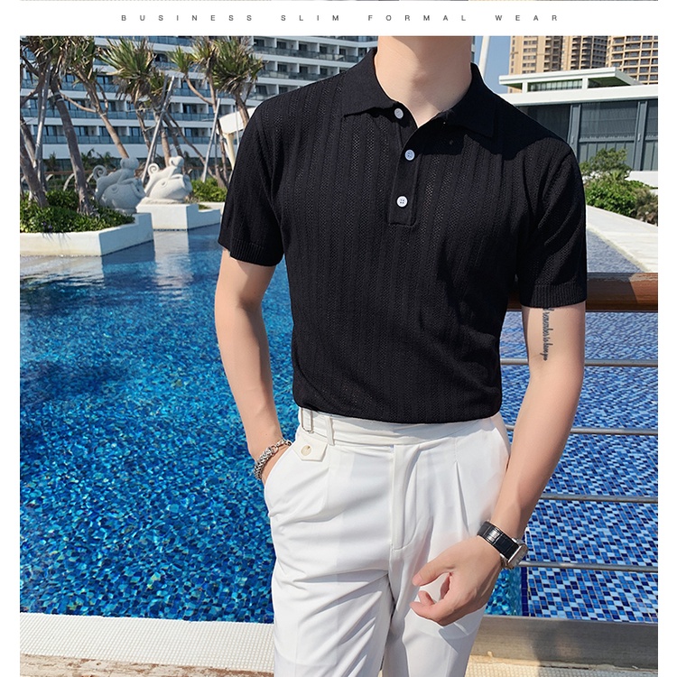 Áo polo nam Hàn Quốc, áo phông cổ bẻ PL02, vải lụa dệt kim cao cấp