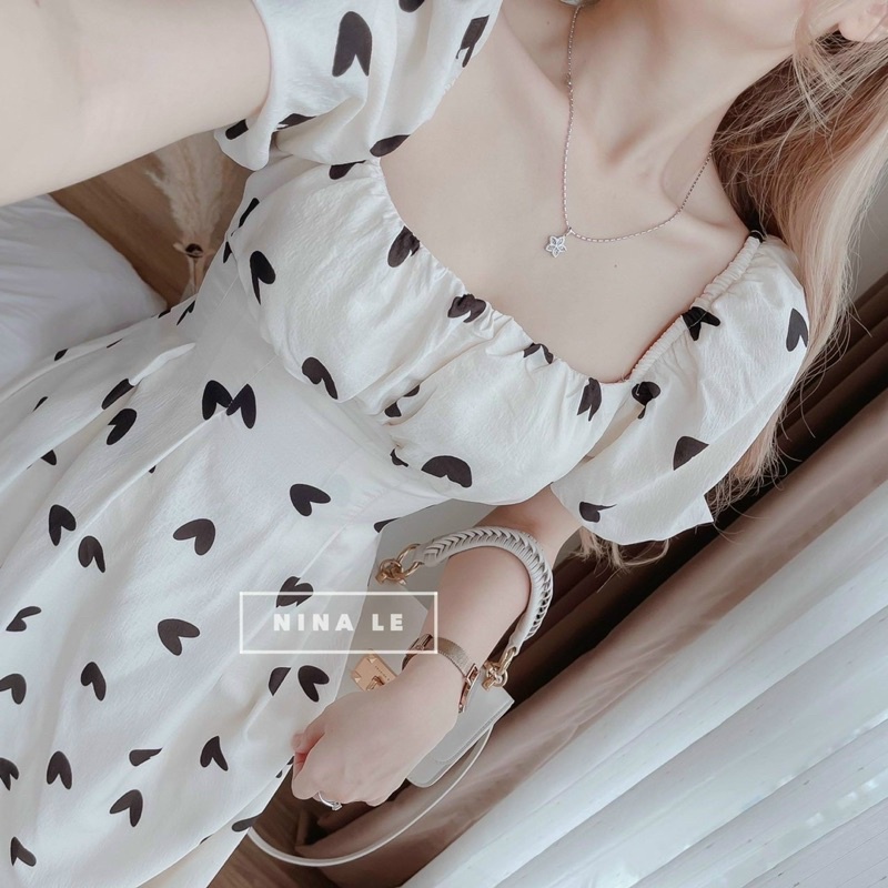 (SHOP TÁO ĐỎ BIGSIZE 50kg đến 90kg ) Đầm midi hoạ tiết trái tim cột nơ lưng tay phồng