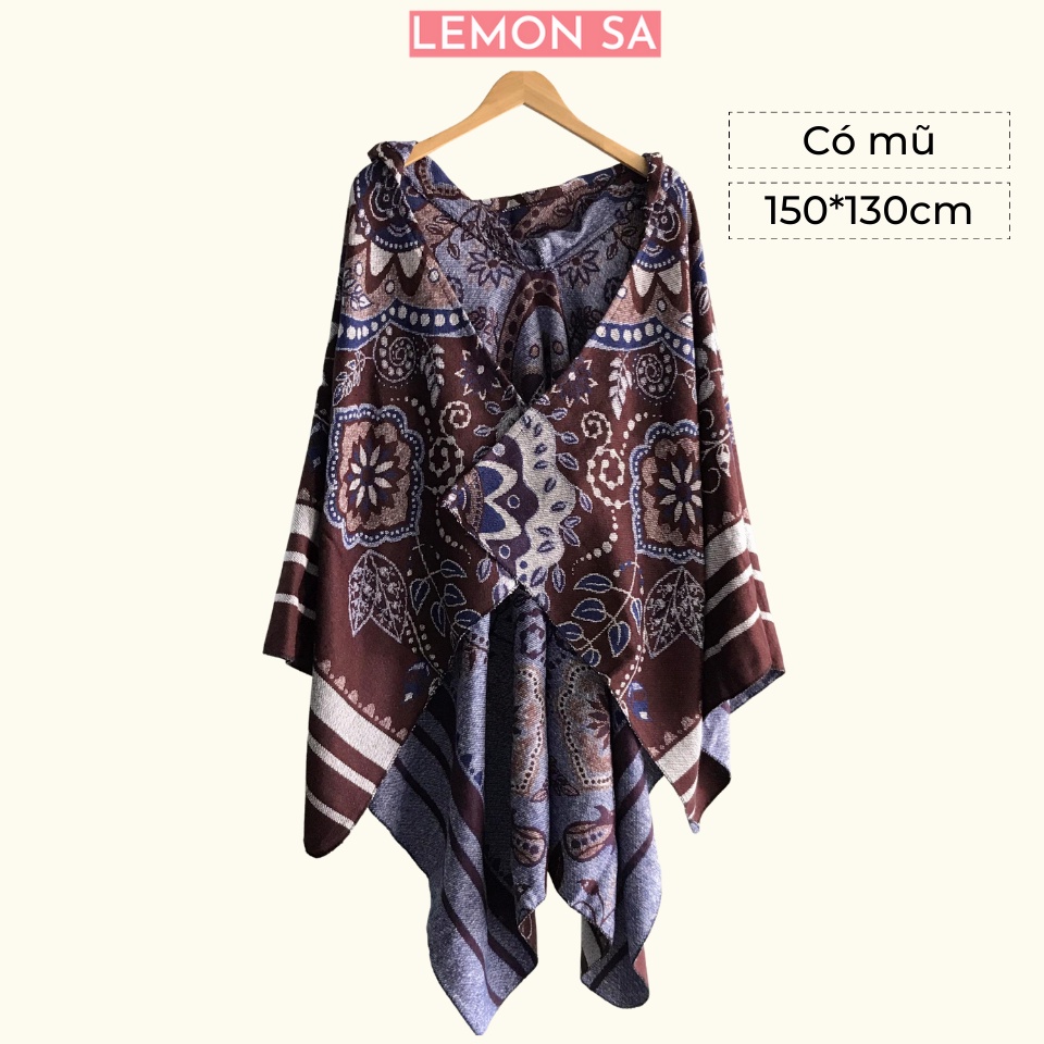 Áo choàng boho có mũ khăn choàng cực dày ấm size 150*130cm - Mã LE31