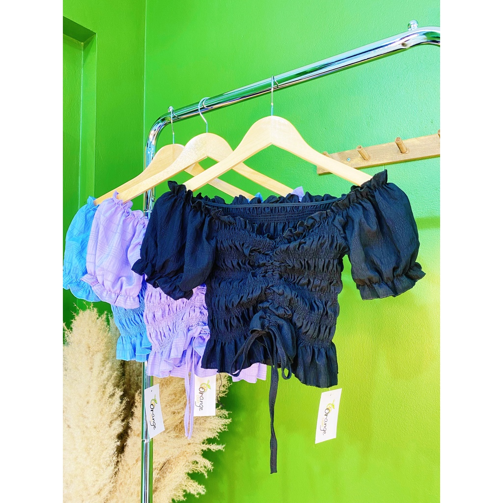 ( Có Đặt Theo Số Đo Yêu Cầu ) Áo Croptop Trễ Vai Tay Cộc Dây Dút Ôm Người A2751