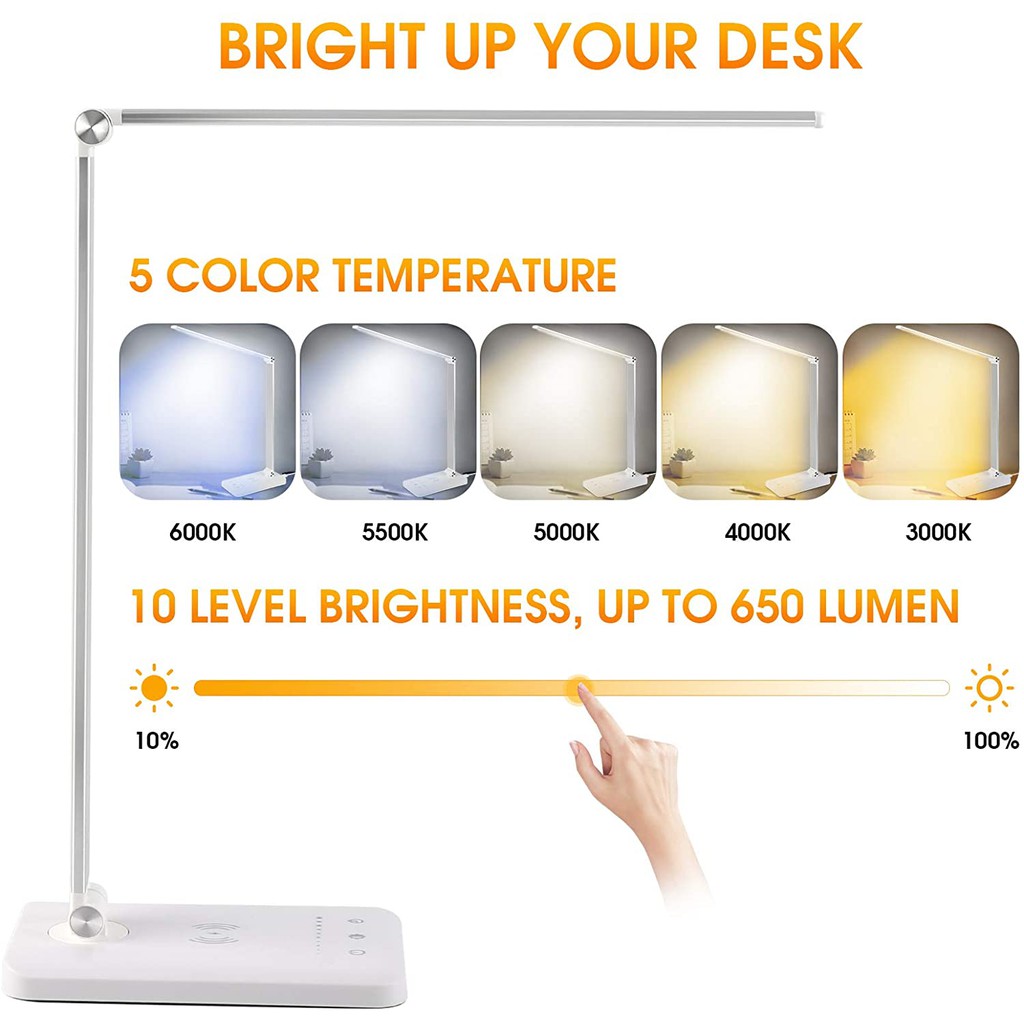 Sạc USB Đèn học LED, chống cận thị để bàn nút cảm ứng với 3 chế độ sáng và 5 chế độ màu tích hợp sạc không dây 10W