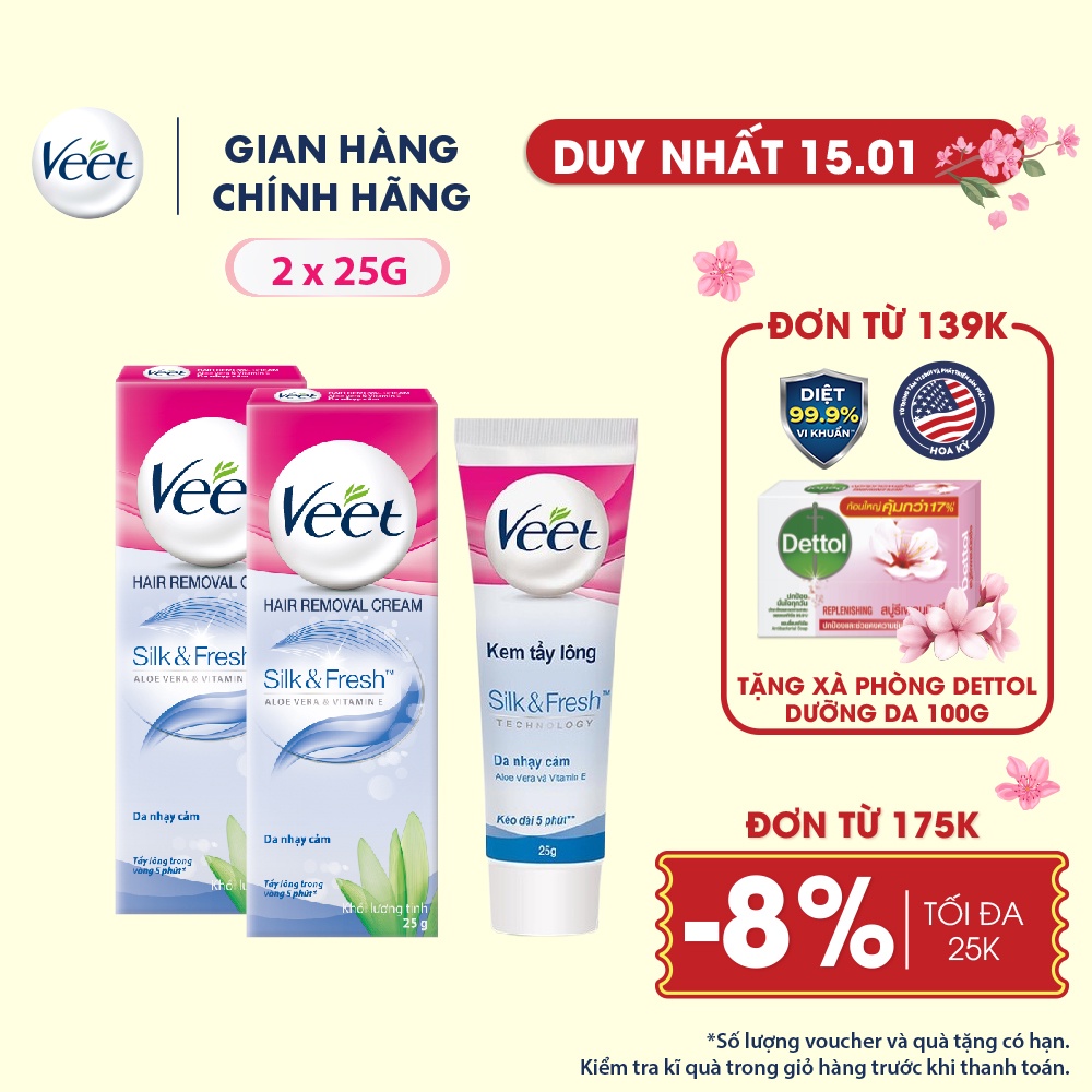 [Mã FMCGVEET52 giảm 8% đơn 250k] Combo 2 Kem tẩy lông cho da nhạy cảm Veet Silk Fresh 25g/tuýp