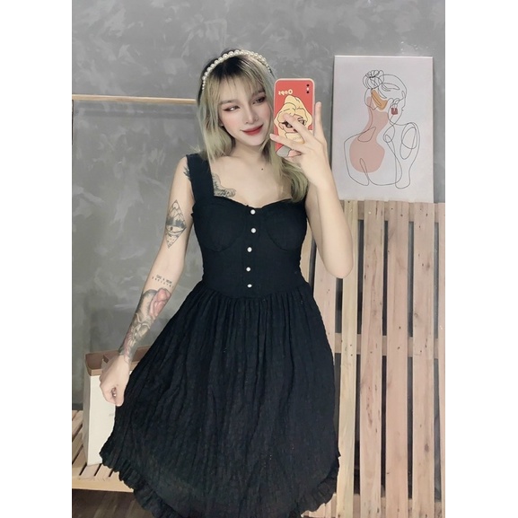 XẢ KHO Có Mút Ngực Đầm Dây Bản To Xốp Cúp Khuôn Ngực Xòe Viền Bèo Xốp Đính Ngọc