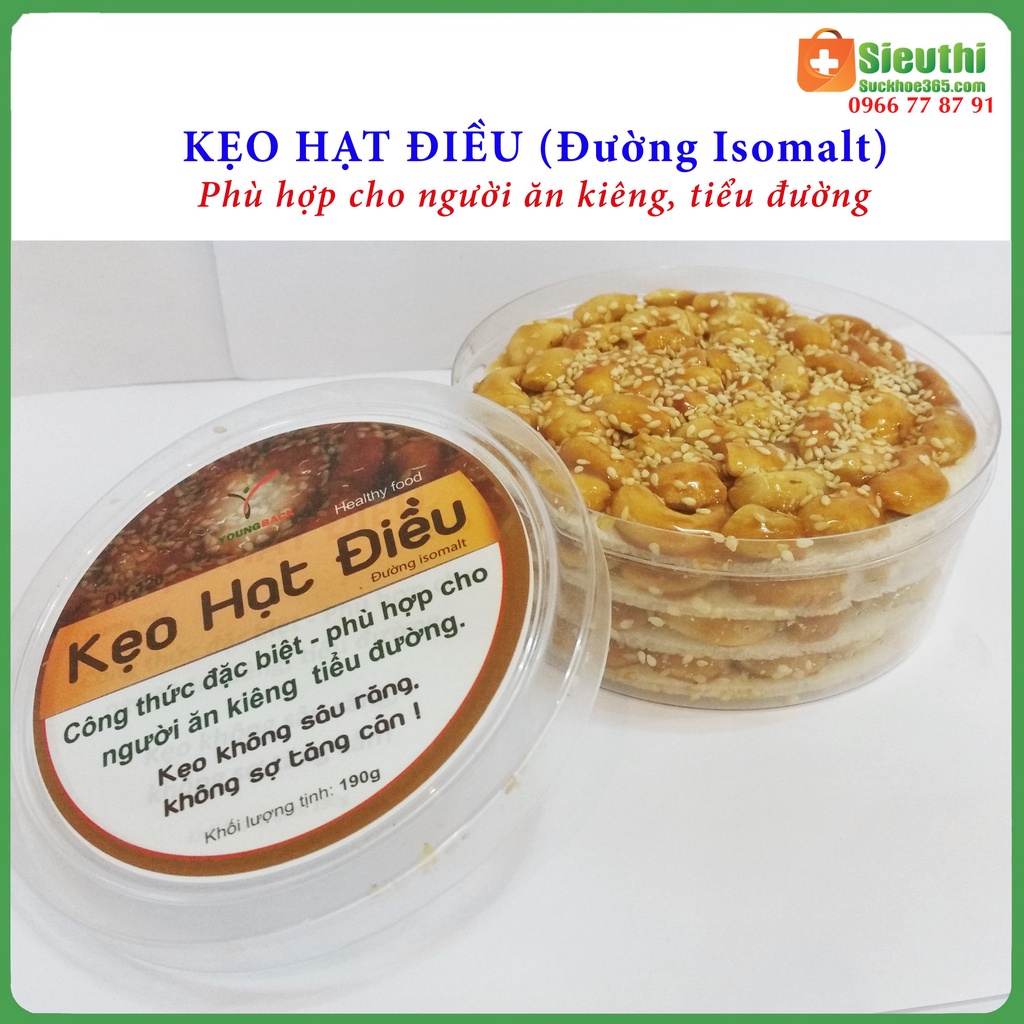 Kẹo hạt điều dành cho người tiểu đường, ăn kiêng, kẹo dinh dưỡng hộp 190g Siêu Thị Sức Khoẻ 365