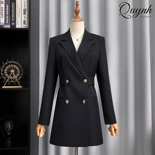 Áo vest blazer nữ dài tay 2 lớp QUYNH Design thiết kế khoác vest màu đen trắng có đệm vai, túi thật