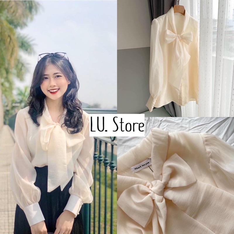 Áo Sơ Mi Nữ Voan trắng kiểu Organza buộc nơ tay phồng thiết kế dáng suông tiểu thư đẹp trẻ trung cúc ngọc Hàg Quảng Châu | BigBuy360 - bigbuy360.vn