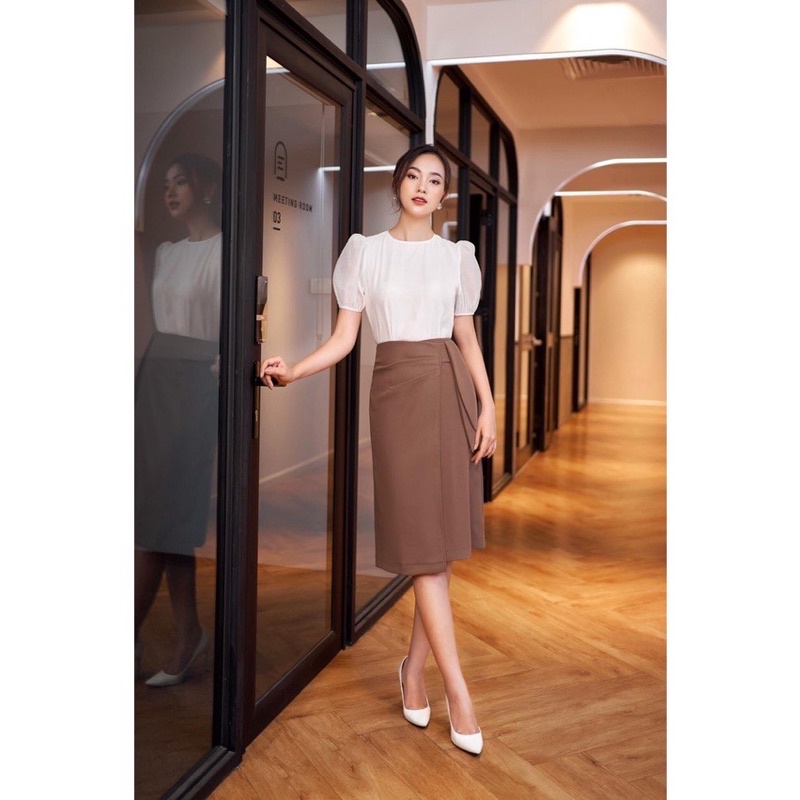 Chân Váy Chữ A Dài Đắp Vạt Thắt Nơ Sườn, Chân Váy Công Sở Chữ A Thời Trang