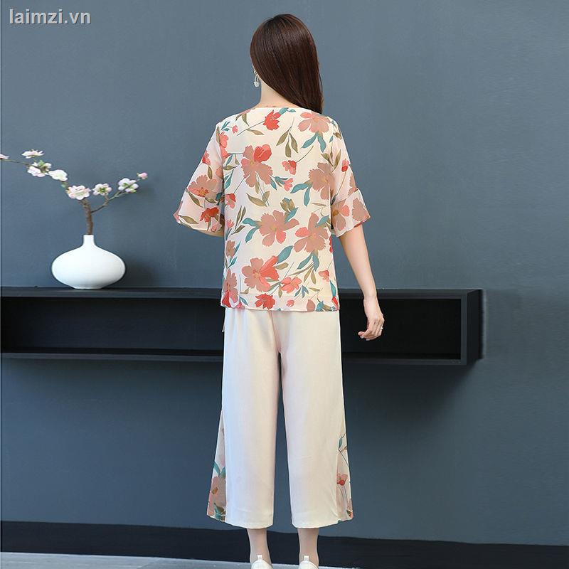 Đầm Chiffon Tay Ngắn Quần Ống Rộng Thời Trang Mùa Hè Cho Nữ Trung Niên 2021