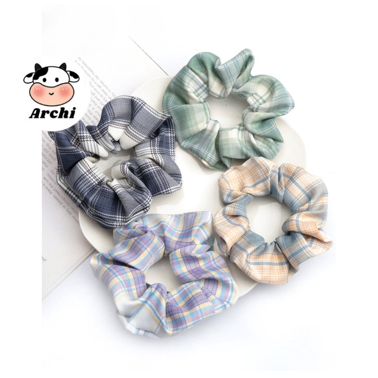 Buộc tóc voan scrunchies vải kẻ nhiều màu