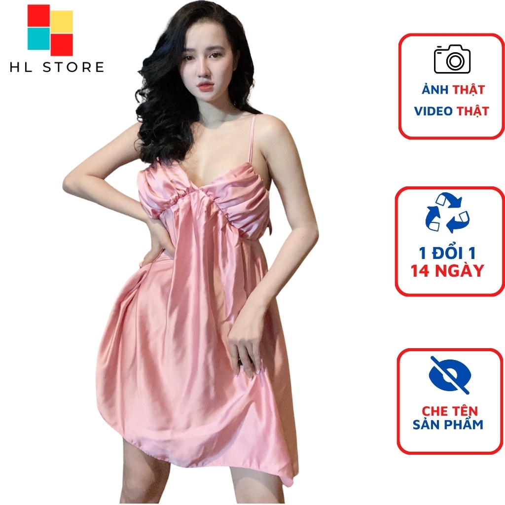 Váy ngủ sexy 2 dây xếp ly ngực cột nơ lưng Hải Lan Store, chất liệu lụa satin, freesize 40-65kg tùy chiều cao