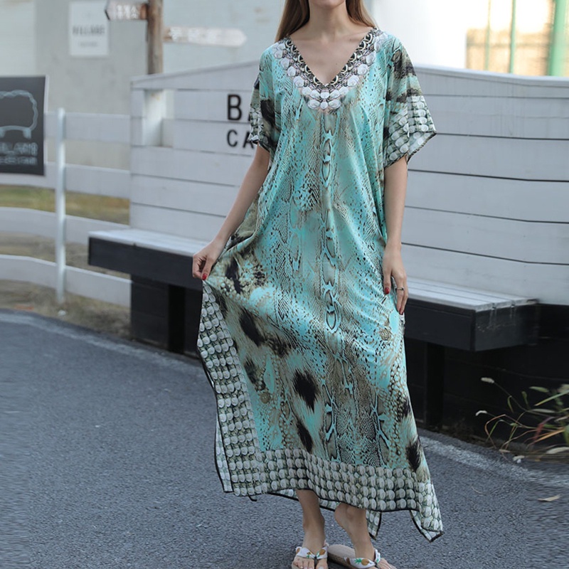 Xiangbao Đồ Bơi Tay Lỡ Dáng Dài Kaftan In Họa Tiết Lông Vũ Nhiều Màu Sắc Phong Cách Bohemian Mùa Hè