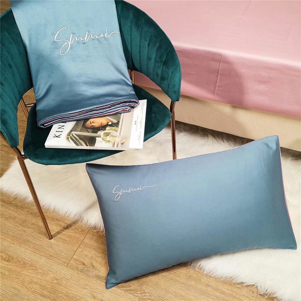 Bộ Chăn Ga Gối Lụa LIDACO cotton lụa trơn sợi vải 60s - Xanh dương nhạt