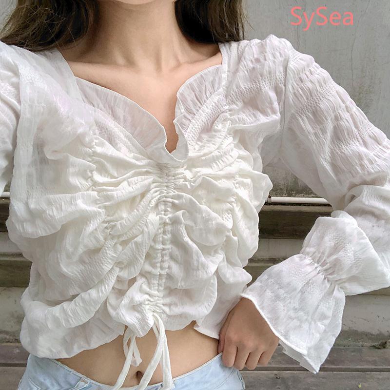 Áo crop top dài tay màu trắng phong cách mùa hè thời trang cho nữ