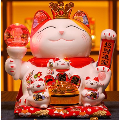 Mèo Thần Tài , Mèo May Mắn Vẫy Tay Cao 25cm Cầm Quả Cầu Phát Sáng