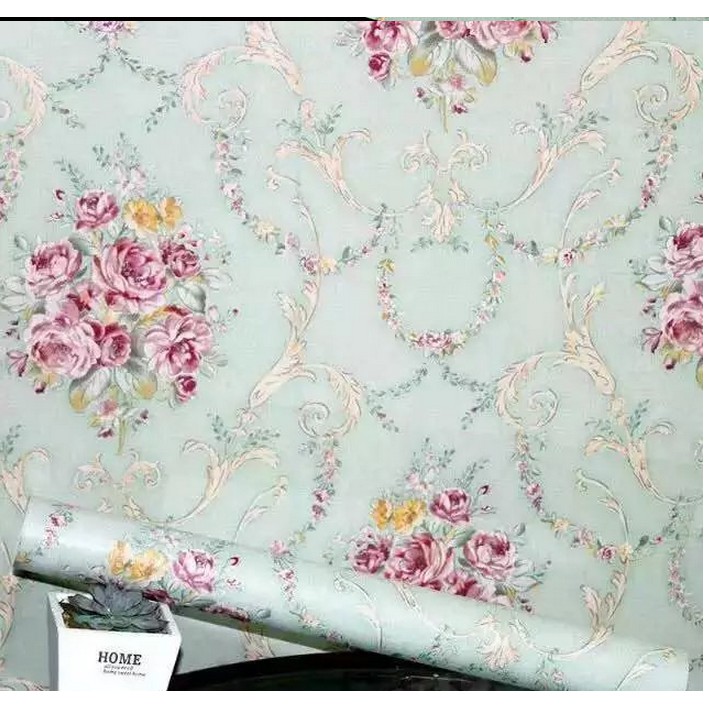 Cuộn 10m giấy dán tường hoa chùm hồng cổ điển xanh khổ rộng 45cm