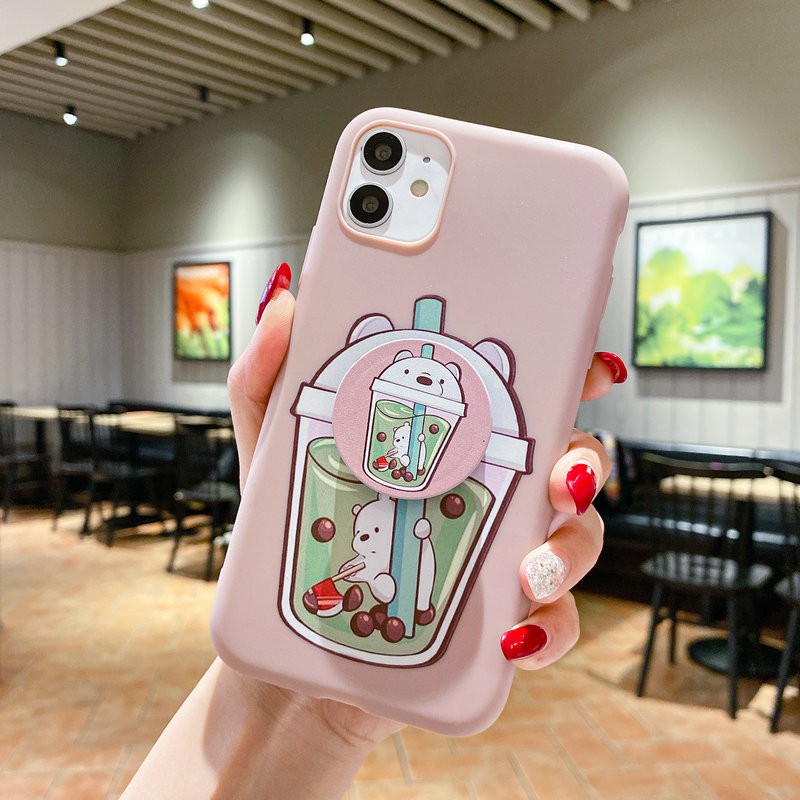 Ốp lưng Huawei Y9 Y7 Y6 P30 Nova 2i 3i 3e 5T Pro Prime Lite 2018 2019 Milk Tea Cup Cute Bear Soft Case Cover+Air Holder