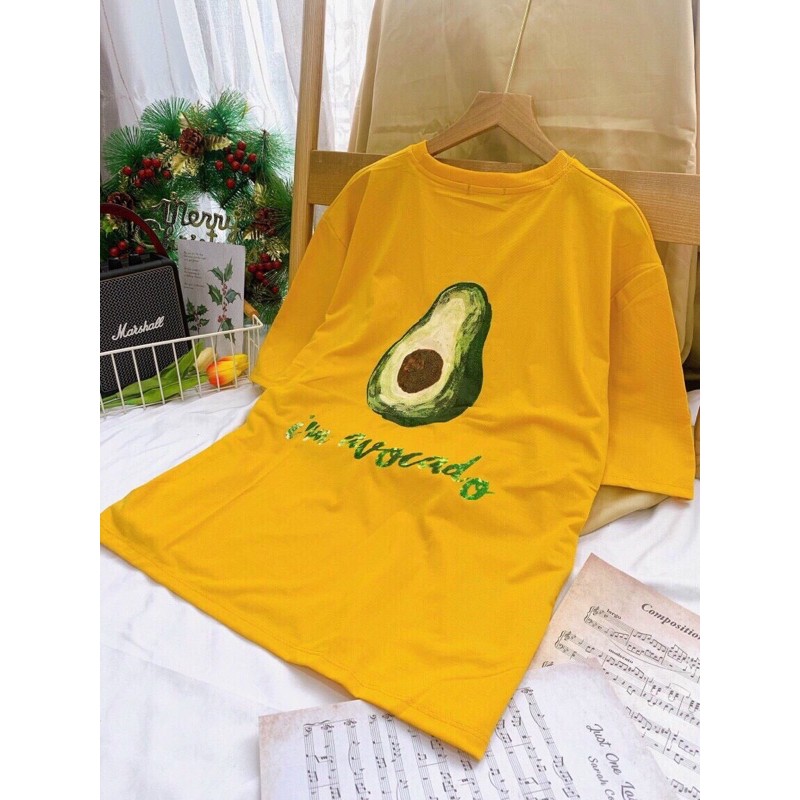 Áo thun form rộng tay lỡ in hình trái BƠ kèm chữ I’M AVOCADO dạ quang siêu đẹp, hàng hot trend