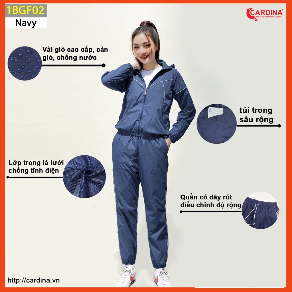 Bộ Quần Áo Gió Thể Thao Nữ  cao cấp 2 Lớp 𝐂𝐀𝐑𝐃𝐈𝐍𝐀, vải gió trơn, mềm mịn, chống nhăn,chống mưa, chống bụi, cản gió