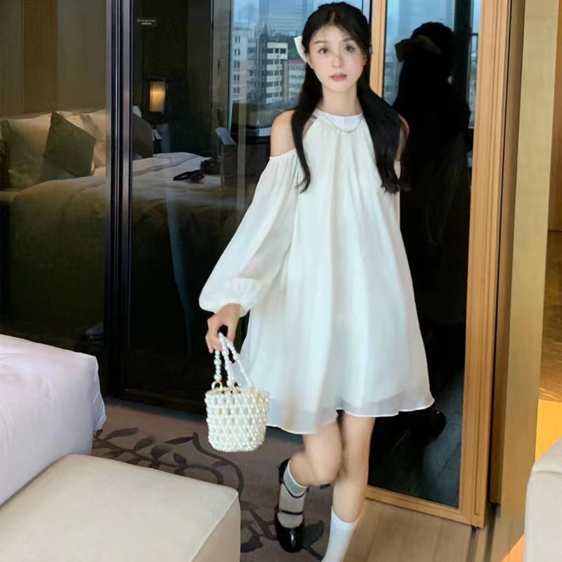 Đầm Tay Dài Hở Vai Màu Sắc Đơn Giản Cho Nữ