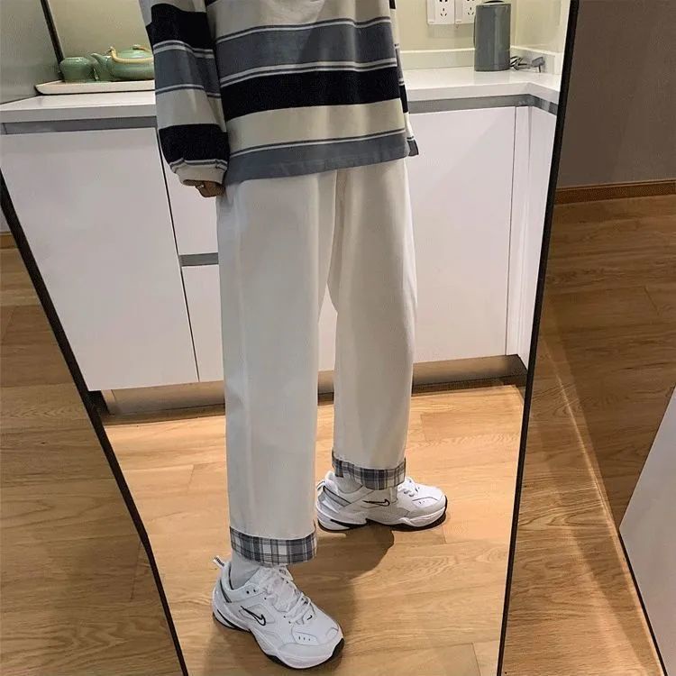 Quần Denim Ống Rộng Lưng Cao Họa Tiết Sọc Caro Thời Trang 2022 Cho Nữ