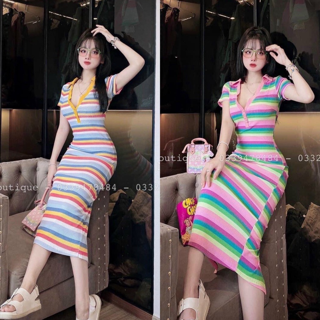 Váy Đầm Body Thun Cổ Bẻ Sọc Tiểu Thư