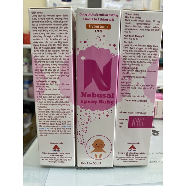 Dung dịch xịt mũi ưu trương cho trẻ từ 3 tháng tuổi Nebusal spray baby 1.9% chai 50ml làm sạch mũi trường hợp ngat mũi