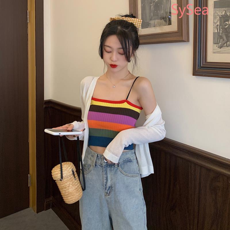 Women Knitted Rainbow Stripe Camisole Fashion Tank Top +cardigan Set