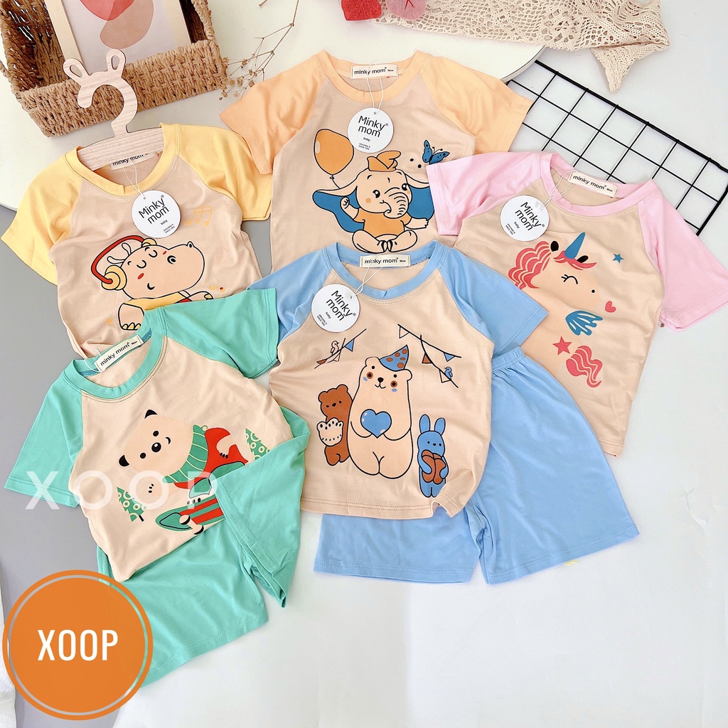 Đồ bộ cộc tay nền da minky mom chất thun lạnh họa tiết  gấu-voi bóng bay cho bé (8-18kg) (2106  )