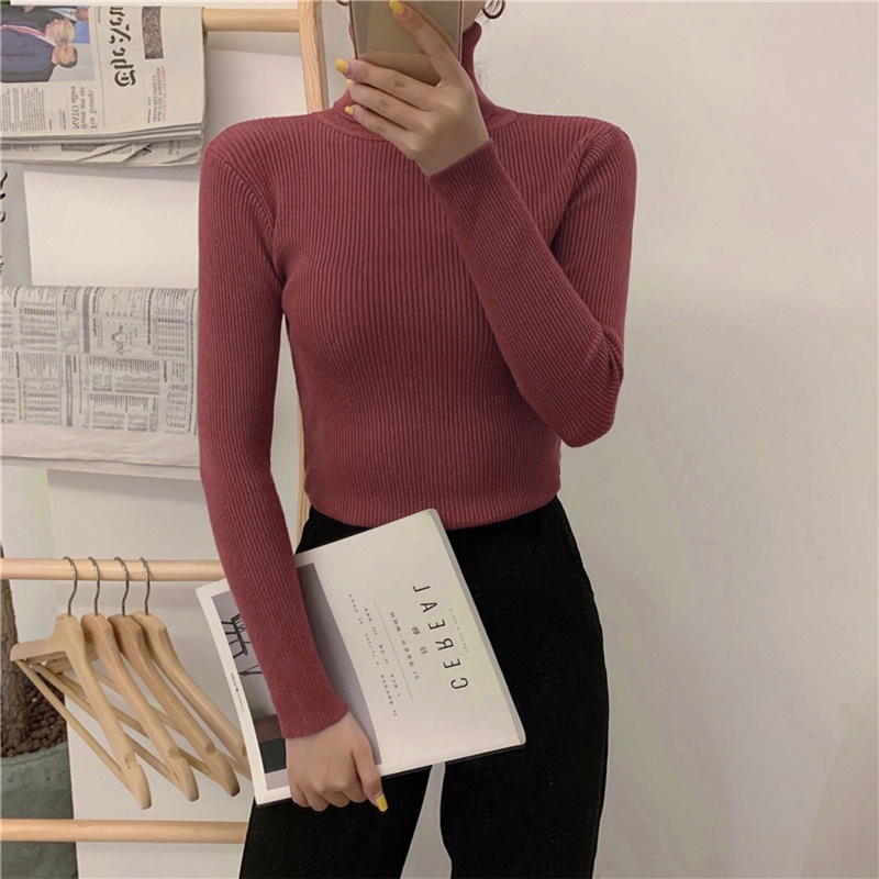 Áo Sweater Dệt Kim Cổ Lọ Tay Dài Màu Sắc Xinh Xắn Cho Nữ