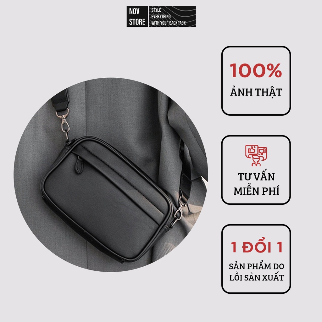 Túi đeo chéo da Pu, đứng form như hình, chống nhăn và chống thấm nước - Black Messenger Bag